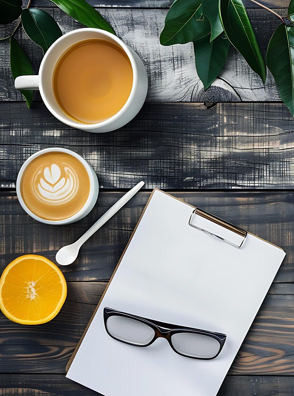 A notepad with spectacles on and a cup of coffee next to it
