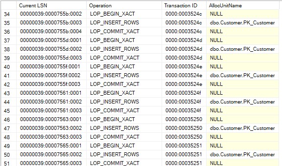 Transactions log results showing implicit transactions during multiple inserts