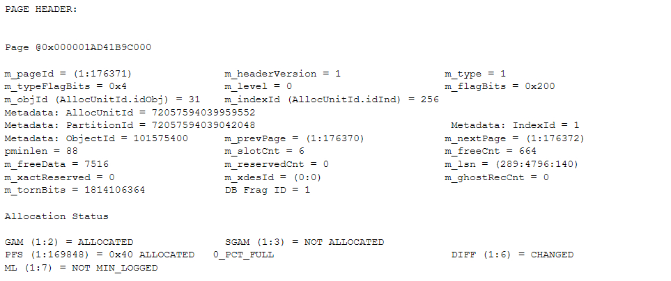 dbcc page header results