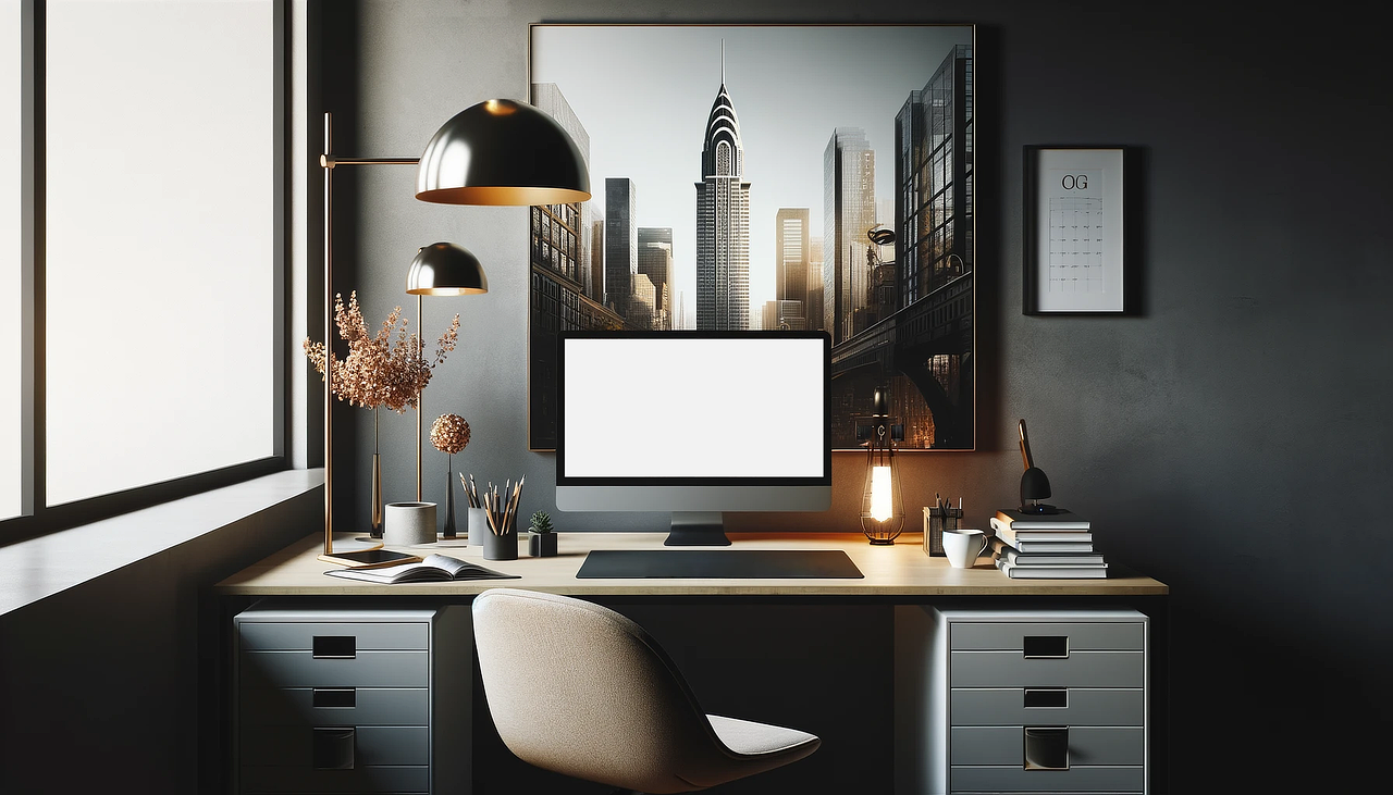 A picture of a desk in a smart looking room