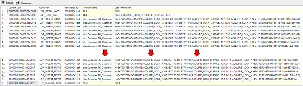 Transaction log results showing explicit transactions