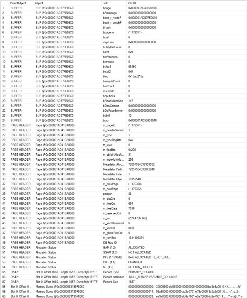 DBCC page table results