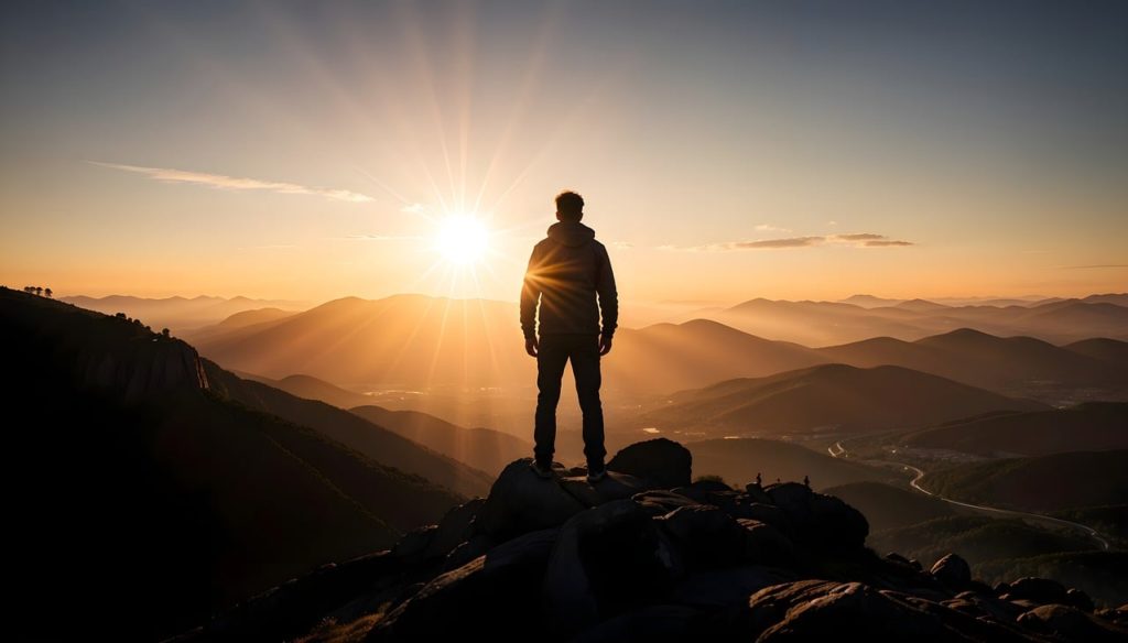 A man standing on a mountain looking at the sunset