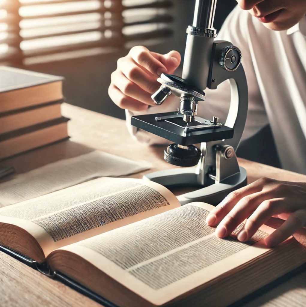 A man using a microscope to examine the page of a book