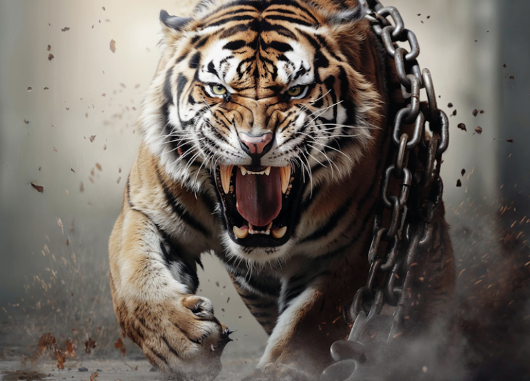 A tiger breaking metal chains