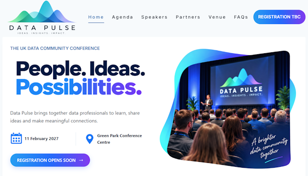 Screenshot of the Data Pulse conference website homepage, featuring the headline “People. Ideas. Possibilities.” alongside an image of a conference audience. The page promotes the UK data community conference taking place on 11 February 2027 at Green Park Conference Centre, with registration opening soon.