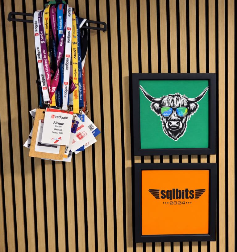 A collection of colourful conference lanyards and badges hanging on a wooden slatted wall, alongside two black-framed prints. The top print features a Highland cow wearing sunglasses against a green background, while the bottom displays the SQLBits 2024 logo on an orange background.